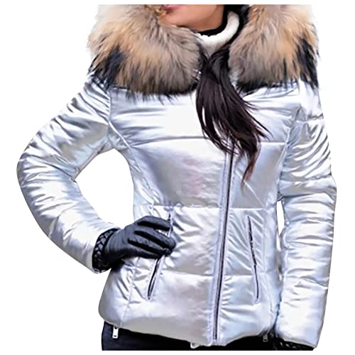 Winterjacke Damen Daunenjacke Glänzend Kurz Wintermantel Warm Puffer Jacke Outdoor Mantel mit Pelzkragen Mehrere Farbvarianten S Silver von Generic