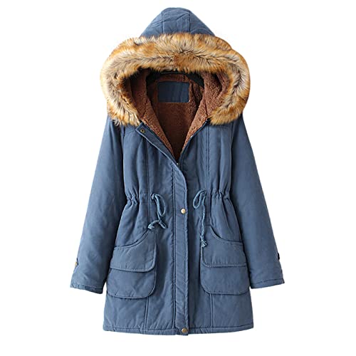 Winterjacke Damen Einfarbig Winterparka mit Fellkapuze Warm Gefütterte Fleece Kapuzenjacke Reißverschluss Wattierte Jacke Einreihig Softshelljacke Kordelzug Gürtel Daunenjacke Übergangsjacke von Generic