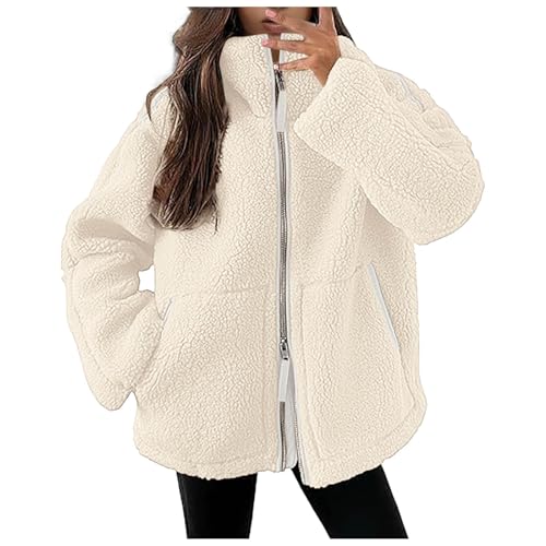 Winterjacke Damen Fleecejacke Langarm Einfarbig Plüschjacke Winter Freizeit Warme Mantel Übergangsjacke Damen Lose Bequem Wintermantel Jacke mit Reißverschluss Frauen Fleece Teddyjacke Wolljacke von Generic