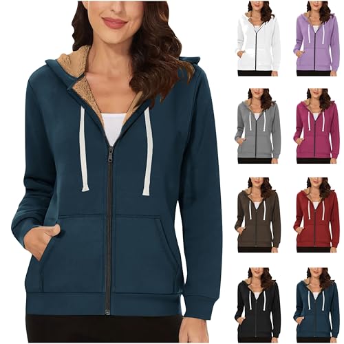 Winterjacke Damen Gefütterte Sweatjacke Warm Fleecejacke Essentials Hoodie Jacke Winter Teddyjacke Einfarbig Plüschjacke Fleece Kapuzenjacke Zipper Übergangsjacke Kapuze Mantel mit Tasche Große Größen von Generic