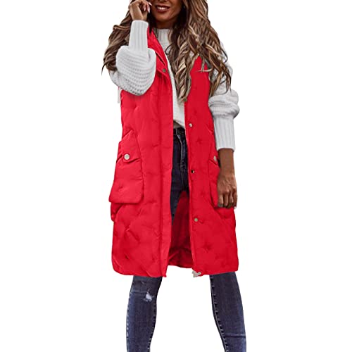 Winterjacke Damen Große Größe Lang Steppweste Warm Winter Ärmellose Kapuzenweste Longweste Leicht Gesteppt Lange Jacke Weste Übergangsweste Winterweste Outdoorweste mit Kapuze(A Rot,XL) von Generic