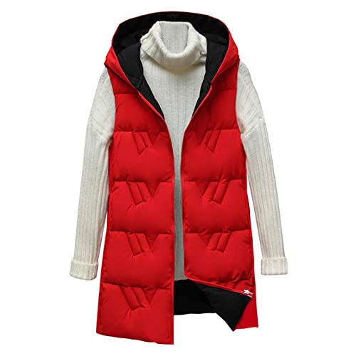 Winterjacke Damen Große Größe Lang Steppweste Warm Winter Ärmellose Kapuzenweste Longweste Leicht Gesteppt Lange Jacke Weste Übergangsweste Winterweste Outdoorweste mit Kapuze(F Rot,XL) von Generic