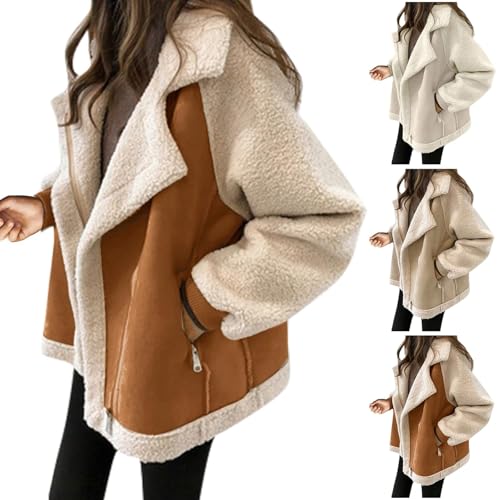 Winterjacke Damen Grosse Grössen, Warme Winterjacke Damen Fleece Gefüttert Thermojacke Reverskragen Lange Ärmel Übergangsjacke Reißverschluss Bikerjacke Damen Lässig Motorrad Jacke von Generic