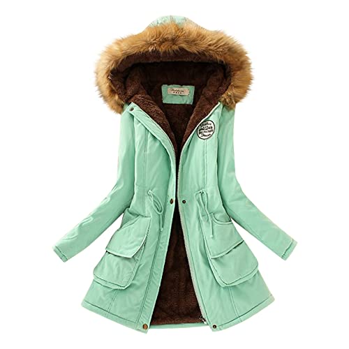 Winterjacke Damen Kapuze Gefüttert Fleece Jacke Wintermantel Solid Warm Parkaa Mantel Übergangsjacke Mit Fellkapuze Dicke Leicht Kapuzenjacke Damenjacke (a-Grün, S) von Generic