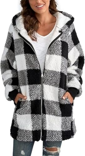 Winterjacke Damen Lässige Warme Plüsch Gitter Winterjacke Langarm Plüschjacke Casual Mantel Winter Kapuzenpullover Mit Kapuze Tasche Reißverschluss Vintage Wintermantel warmer Shacket-Jacke von Generic