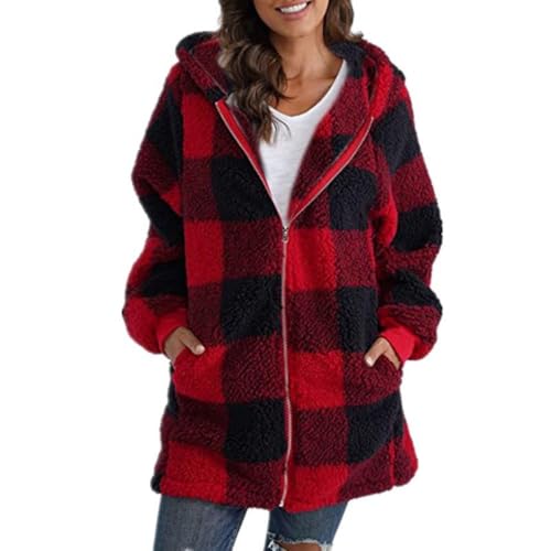 Winterjacke Damen Lässige Warme Plüsch Gitter Winterjacke Langarm Plüschjacke Casual Mantel Winter Kapuzenpullover Mit Kapuze Tasche Reißverschluss Vintage Wintermantel warmer Shacket-Jacke von Generic