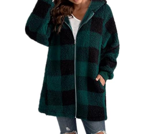 Winterjacke Damen Lässige Warme Plüsch Gitter Winterjacke Langarm Plüschjacke Casual Mantel Winter Kapuzenpullover Mit Kapuze Tasche Reißverschluss Vintage Wintermantel warmer Shacket-Jacke von Generic