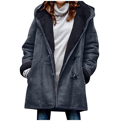 Winterjacke Damen Lang Einfarbig Langarm Fleecejacke Warm Gefütterte Wintermantel Kuhhornknopf Wollmantel Mit Tasche Locker Übergangsjacke Kunstfell Jacke Plus Size Fellmantel Freizeitjacke S-5XL von Generic