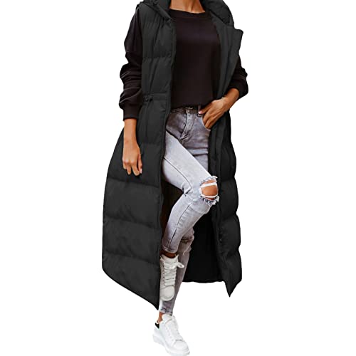 Winterjacke Damen Lang Steppweste mit Kapuze Winter Warme Daunenweste Ärmellose Lässiges Einfarbig Kapuzenweste Lose Outdoorjacke Mantel Lang Weste mit Taschen Winddicht Outwear von Generic