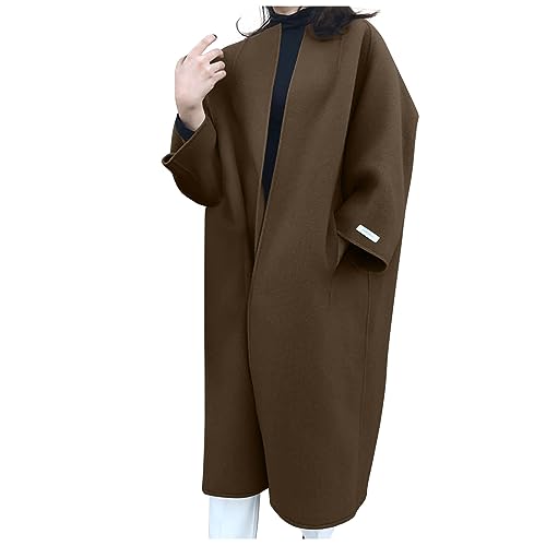 Winterjacke Damen Lang Wollmantel Elegant Wintermantel Trenchcoat Wollmischung Freizeitmantel Outdoorjacke Open Front Übergangsmantel Dufflecoat Passform Damenjacke Damenbekleidung Braun Einheitsgröße von Generic