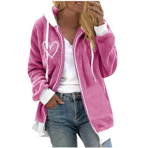 Winterjacke Damen Leichte Fleecejacke Sweatjacke Teddyfleece Plüschjacke Flauschig Kuscheljacke mit Kapuze Übergangs Jacke Reißverschluss Teddyjacke Mantel Teenager Mädchen Outwear Rosa L von Generic