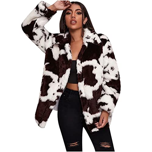 Winterjacke Damen Pelzmantel Langarm Kuh Print Jacke Mantel Cardigan Coat Jacket Pelzjacke Winter Warm Plüschjacke Mode Oberbekleidung Kurzmantel Bequem Pelzkleidung für Alltag Urlaub Outdoor von Generic