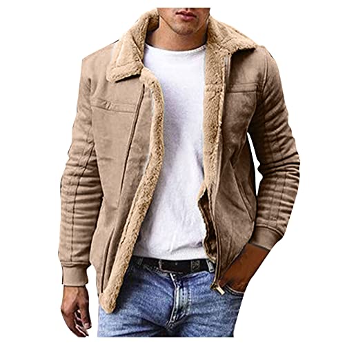 Winterjacke Herren Mit Fell Hochwertiges Kunstleder Lederjacke Teddy-Fleece Wildlederjacke Gefüttert Dicker Warme Bomberjacke Winter Lammfell Mantel Casual Fleecejacke Übergangsjacke (Khaki, XL) von Generic