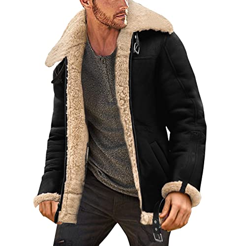 Winterjacke Herren Warm Langarm Herren Jacke üBergangsjacke Herren Fleece Gefüttert Winter Mantel Reverskragen Gepolsterte Lederjacke Retro Schaffelljacke Wintermantel von Generic