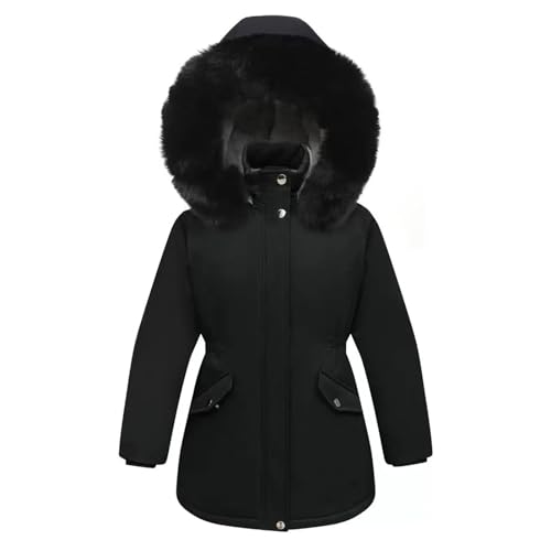 Winterjacke Mädchen mit Kapuze Kinderjacken Parka Warm Wintermantel Lange Steppjacke Winddicht Fleecefutter Verdickte Daunenjacke Winter Lang Stehkragen Kapuzenjacke mit Taschen (Black, 11-12 Years) von Generic