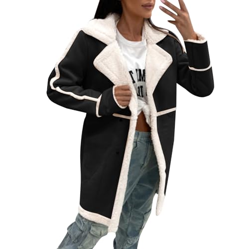 Winterjacke mit Teddyfutter Damen Lang Lederjacke Revers Langarm Plüschjacke Herbst Winter übergangsjacke Parkas Teddyjacke mit Tasche Lässige Fleecejacke Coat von Generic