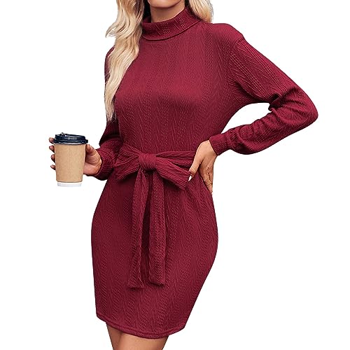 Winterkleid Damen Langarm Warm Kurz Strickkleid Damen Winter Rollkragen Einfarbig Langarm Kleid Damen mit Gürtel Schöne Kleider Damen Elegant Casual Sweatkleid Langarm Locker Sportlich von Generic