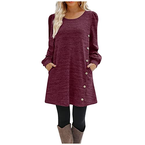Winterkleid Damen mit Knopfleiste Langarm Kleid Damen Kurz Kleider Damen Herbst Winter Einfarbig Leicht Tunika Kleid Damen A Linie Locker Sweatkleid Damen mit Taschen Casual von Generic