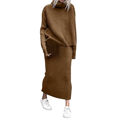 Generic Damen Winterkleider Set: Elegantes Strickkleid mit V-Ausschnitt und Midi Rock, für Erwachsene Frauen, in Braun, Größe L, Langarm, Casual, Einfarbig, Polyester/Viskose von Generic