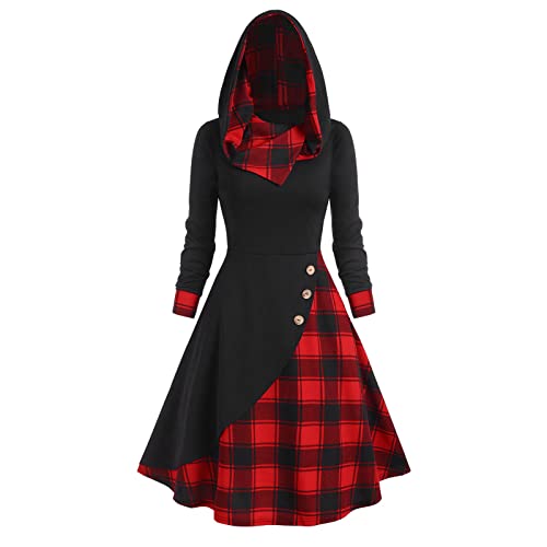 Winterkleider Damen Lang Kleid Festlich Ballkleid Sexy Stretch Strickkleid Casual Langarm Kleider Abendkleid Gothic Plaid Kleid Vintage Elegant Bluseklied mit Kapuze Minikleid von Generic