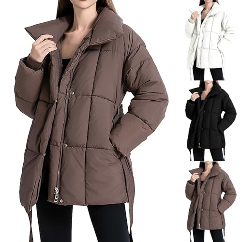 Wintermantel Damen Kurz Steppmantel Hoher Kragen Daunenmantel mit Druckknopf und Reißverschluss Leichte Puffer Jacke mit Gürtel und Taschen Warme Parka Jacke Freizeit Übergangsjacke von Generic