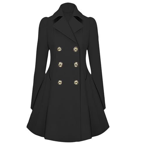 Wintermantel Damen Lang -Trenchcoat Damen Winter Gothic Mantel Herbst Zweireihig Revers Parka Übergangsjacke Langarm Softshellmantel Elegant Winterjacke mit Taschen A-Linie Jacken für Frauen von Generic