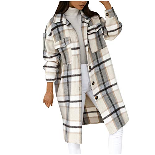 Wintermantel Damen Lang -Trenchcoat Damen Winter Karierter Mantel Frühling Elegante Wollmantel Langarm Revers Parka Übergangsjacke Frauen Langer Winterjacke mit Taschen Jacke Kariert Outwear von Generic