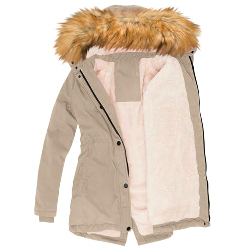 Wintermantel Damen Warm,Damen Parka Winterjacke Lang Mit Fell Kapuze Warm Gefüttert Slim Fit Mantel Outdoor Jacke Für Winter,Damen Daunenjacke Winter,Damen Winter Jacke,B Khaki,Xxl von Generic