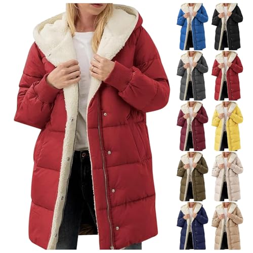 Wintermantel Damen Warm Fleecejacke mit Kapuze Damenmantel Lange Elegant Winterparka Winddicht Outdoorjacke Bequemes Steppjacke Einfarbig Sportjacke Parka Jacke Große Größen Mantel von Generic