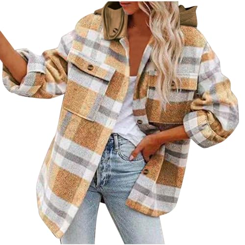 Wintermantel Damen Warm Lang Wolljacke Klassisch Trenchcoat Winterjacke Wollmischung Freizeitmantel Hemdjacke Kariert Übergangsjacke Wool Coat Cocktail Frauenjacke Streetwear Gelb M von Generic