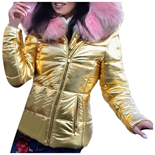 Wintermantel Glänzende Winter Steppjacke Daunenmantel mit Pelzkragen Warm Puffer Jacke Frauen Kurz Parka Outdoor Mehrere Farben 3XL Gold von Generic