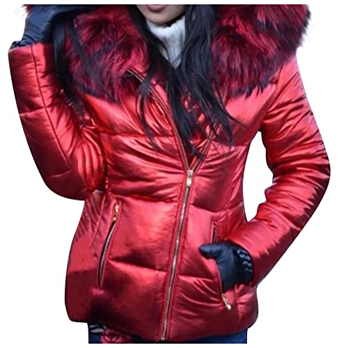 Wintermantel Glänzende Winter Steppjacke Daunenmantel mit Pelzkragen Warm Puffer Jacke Frauen Kurz Parka Outdoor Mehrere Farben 3XL Red von Generic