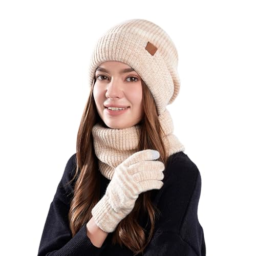 Wintermütze Damen 3 in 1 Set Bequeme Winter Mütze Schal Handschuhe Sets Beanie Strickmütze Schlauchschal und Touchscreen Handschuhe für Frauen Outdoor Warme Bekleidung von Generic