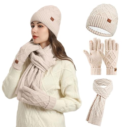 Wintermütze Damen 3 in 1 Set Bequeme Winter Mütze Schal Handschuhe Sets Beanie Strickmütze Schlauchschal und Touchscreen Handschuhe für Frauen Outdoor Warme Bekleidung von Generic