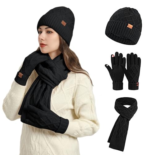 Wintermütze Damen 3 in 1 Set Bequeme Winter Mütze Schal Handschuhe Sets Beanie Strickmütze Schlauchschal und Touchscreen Handschuhe für Frauen Outdoor Warme Bekleidung von Generic