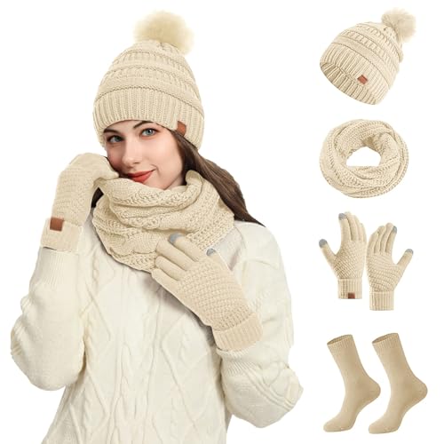 Wintermütze Damen Fleece Gefütterte Handschuhe Damen Wärmer Lange Strickmütze Schal Warm Fleece Beanie Mütze Schal Handschuhe Socken-4 Stück Set Gestrickte Winter Geschenk von Generic