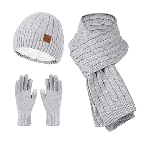 Wintermütze Schal Handschuhe Set Damen Winterschal Winterhandschuhe Winter Warm Beanie Mütze Handschuhe und Lang Schal Set mit Fleecefutter Thermo Strickmütze 1-Grey von Generic