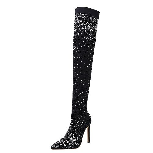 Winterstiefel Damen, Winterstiefel Damen mit Absatz Stilettos Glitzer Strass Overknee Stiefel Langschaft Sparkly Party Boots Elegant Lang Stiefeletten Frauen Spitze High Heels Damenstiefel von Generic