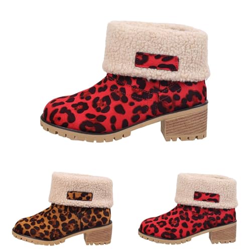 Winterstiefel Damen Gefüttert Elegant - Schneeboots Damen Mit Blockabsatz Chelsea Boots Leopardenmuster Ankleboots Kurzschaft Schlupfstiefel Thermostiefel Übergangsstiefel Snow Boots von Generic