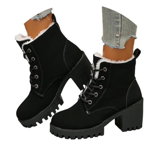 Winterstiefel aus Fleece mit dicker Sohle 2024 für Damen im Außenhandel in Übergröße mit Schnürung aus Europa und Amerika, warme Stiefeletten mit mittlerem Absatz (Black, 41) von Generic