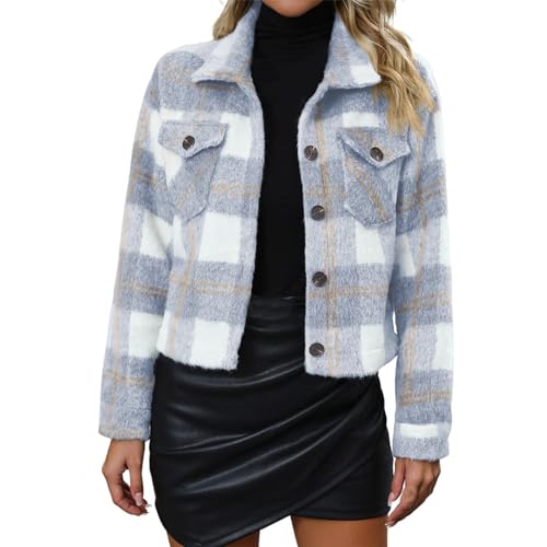 Wolljacke Damen Kurz Karierte Flanell Jacke Langarm Kurzjacke Revers Button-Down Shacket Mantel Herbst Winter Übergangsjacke Knöpfen Karo-Jacken Hemdjacke Elegant Freizeitjacke Outwear (Blau, L) von Generic