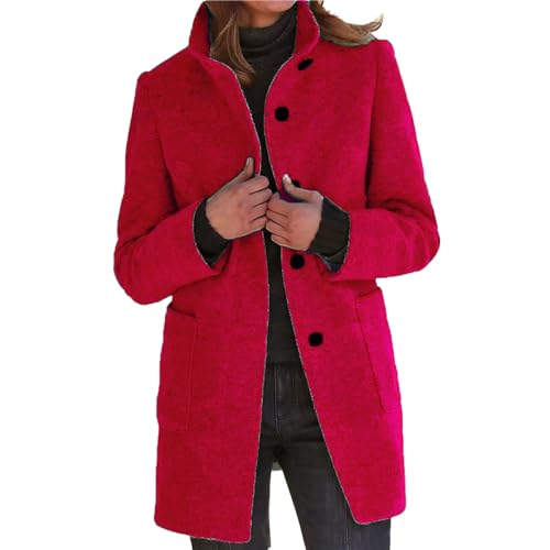 Wollmantel Damen Lang - Trenchcoat Damen Rot Leicht Übergangsjacke Vintage Wintermantel Locker Revers Knopfleiste Übergangsmantel Parka Outwear Einfarbig Wintercoat Mantel Wollmantel Kurzmantel von Generic