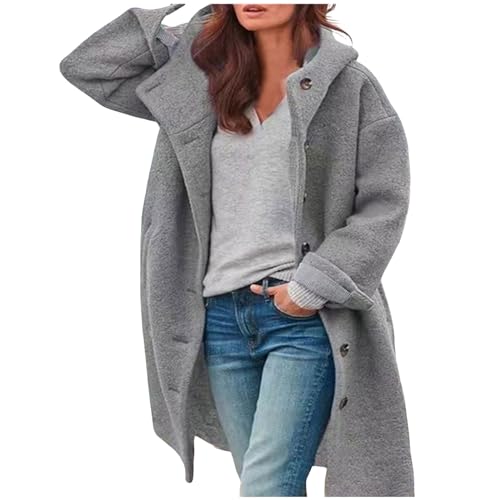 Wollmantel Mit Kapuze Damen - Trenchcoat Damen Lang Winter Wintermantel Elegante Übergangsjacke Einfarbig Freizeitjacke Mit Taschen Locker Winter Warme Freizeitjacke Winterjacke Kapuze-Wollmantel von Generic