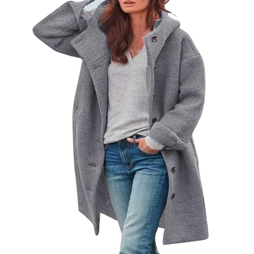 Wollmantel Mit Kapuze Damen - Trenchcoat Damen Lang Winter Wintermantel Elegante Übergangsjacke Einfarbig Freizeitjacke Mit Taschen Locker Winter Warme Winterjacke Freizeitjacke Kapuze-Wollmantel von Generic