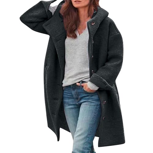 Wollmantel Mit Kapuze Damen - Trenchcoat Damen Lang Winter Wintermantel Elegante Übergangsjacke Einfarbig Freizeitjacke Mit Taschen Locker Winter Warme Winterjacke Freizeitjacke Kapuze-Wollmantel von Generic