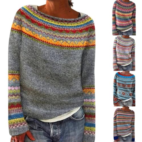 Wollpullover Damen Oversize Bunte Streifen Strickpullover Elegant Grobstrick Winterpullover Rundhals Langarm Damenpullover Lose Oberteile Große Größen Langarmshirt Grobstrickpullover von Generic