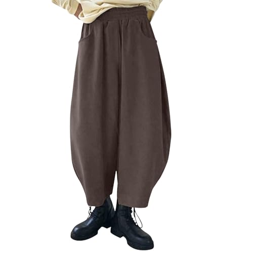 Women Corduroy Barrel Pants Wide Leg Vintage Mid Baggy Pants Haremshose Damen Schwarz Winter Culottes Hosen (Coffee, M) von Generic