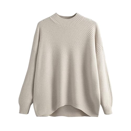 Women Jumpers Crewneck Sweater Graphic Pullover Casual Cable Knit Sweater Long Sleeve Baggy Shirts Trendy Pullover Fall Winter Clothes D-01 (Beige, One Size) von Generic
