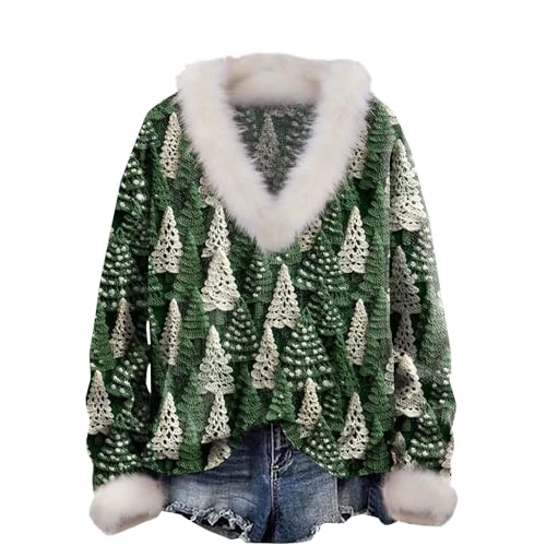 Women Merry Christmas Sweatshirts Fuzzy Collar Tree Print Xmas Tops Long Sleeve Pullover Basic Graphic Shirts Loose Fit Jumpers Fall Winter Tunic A-133 von Generic
