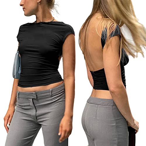 Women's Backless T-Shirt Y2K Langarm/Kurzarm Crop Top Sexy Rückenfreies Oberteil Party Cropped Tops Teenage Mädchen Aesthetic Outfits Rundhals Rücken Cut Out Langarm Tops Streetwear von Generic